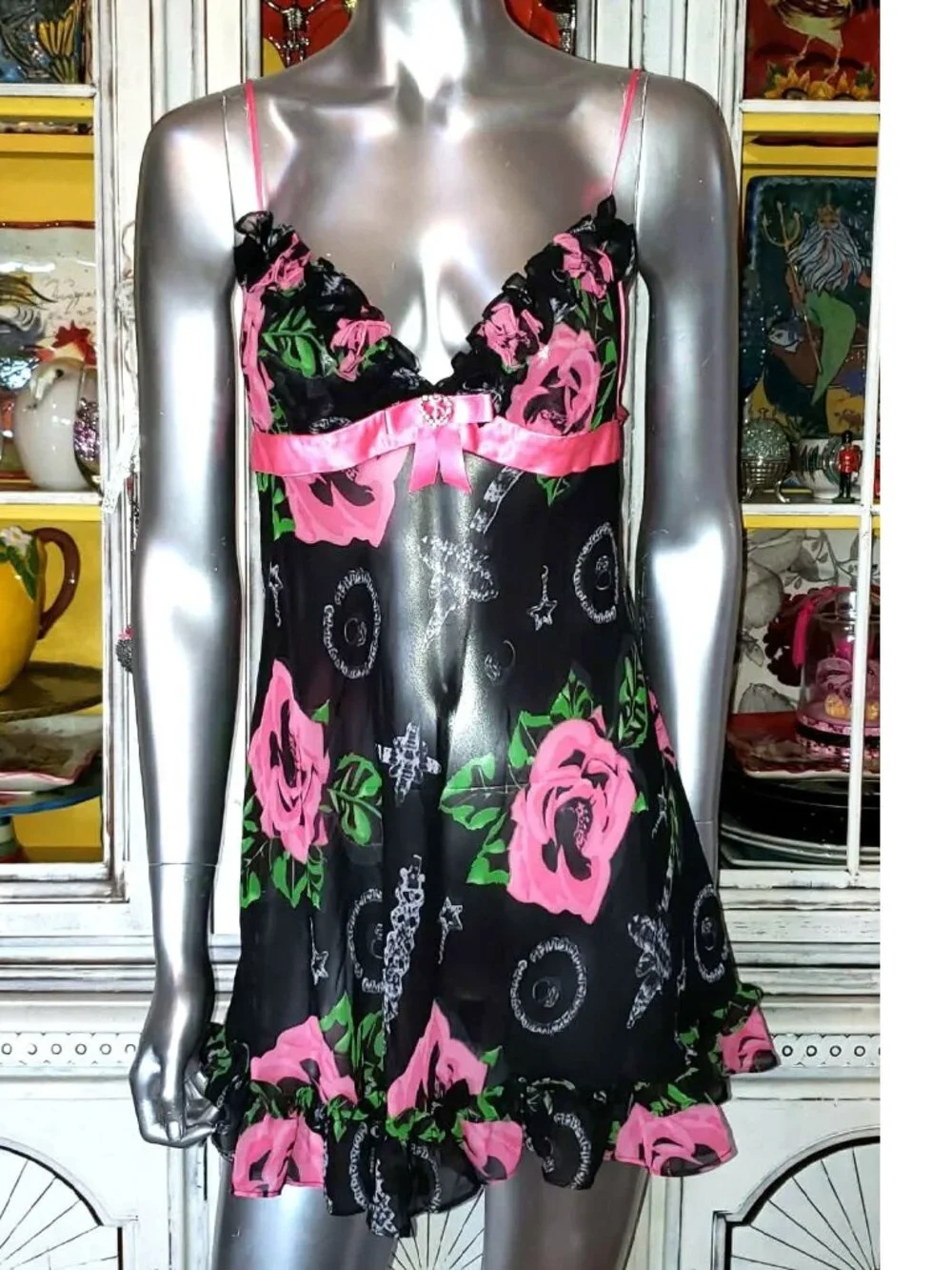 Vintage Betsey Johnson Slip Dress Y2K Black Floral Rose Jewelry Print Babydoll S - Picture 6 of 15